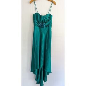 Jessica McClintock Dress Sz 8 Teal Green Satin Empire Waist High Low Stones NWT